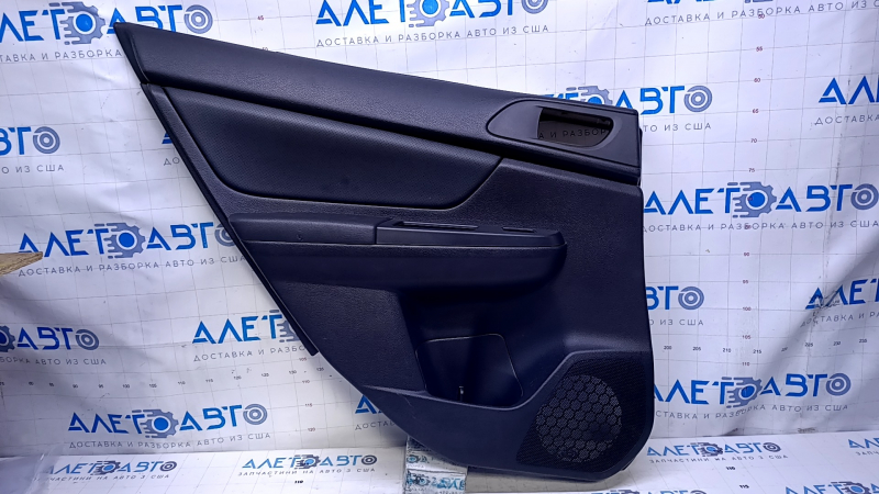 Door trim card rear left Subaru XV Crosstrek 13-17 black with black insert leather, armrest black rubber, scratches, abrasions, bumps, dents