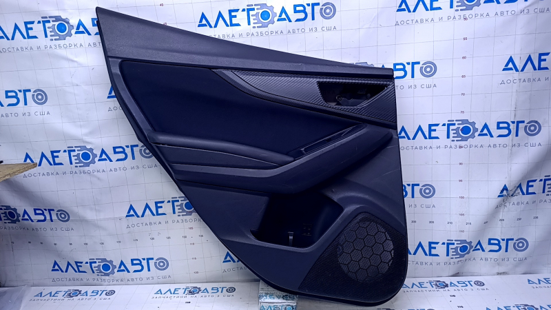 Door trim card rear left Subaru Impreza 17- black with black insert cloth, armrest black leather, molding carbon, scratches, abrasions, scuffs, breakage fastening