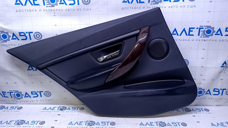 Door trim card rear left BMW 3 F30 12-18 black with black insert leather, armrest black leather, overlay dark wood, bumps, scuffs