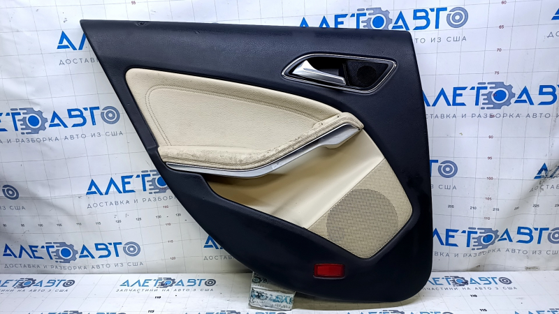 Door trim card rear left Mercedes CLA 14-19 beige with beige insert leather, armrest beige leather, molding chrome, scratches, abrasions, for dry cleaning
