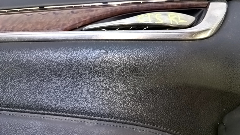 Door trim card rear left Cadillac CTS 14- black with black insert leather, armrest black leather, molding wood glossy, dents, bumps, abrasions, scratches