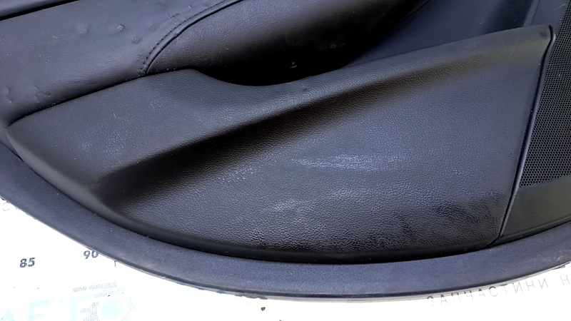 Door trim card rear left Cadillac CTS 14- black with black insert leather, armrest black leather, molding wood glossy, dents, bumps, abrasions, scratches