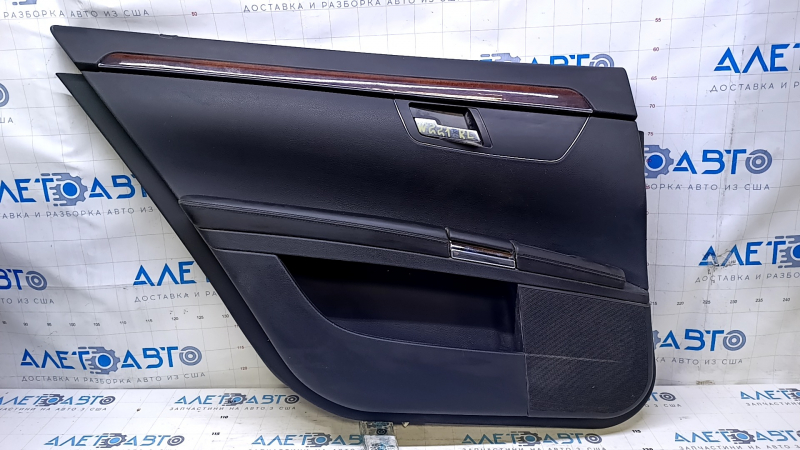 Door trim card rear left Mercedes W221 long black with black insert leather, armrest black leather, molding dark wood, ashtray, scratches, abrasions