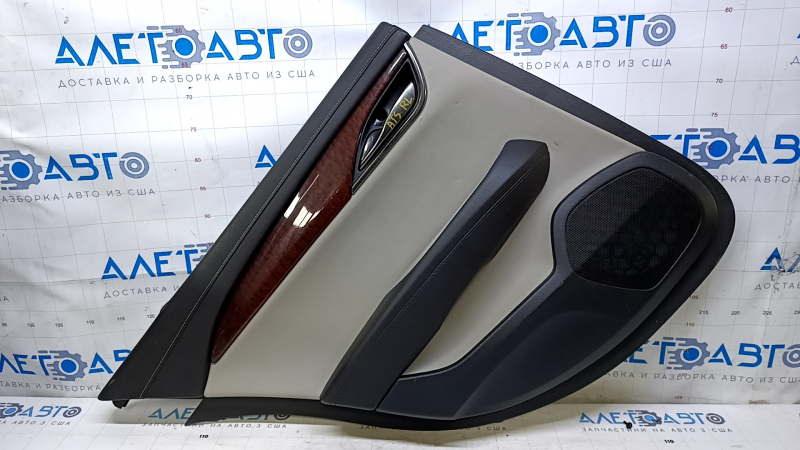 Door trim card rear left Cadillac ATS 13- black with gray insert leather, armrest black leather, molding dark wood, dents, bumps, scratches, abrasions