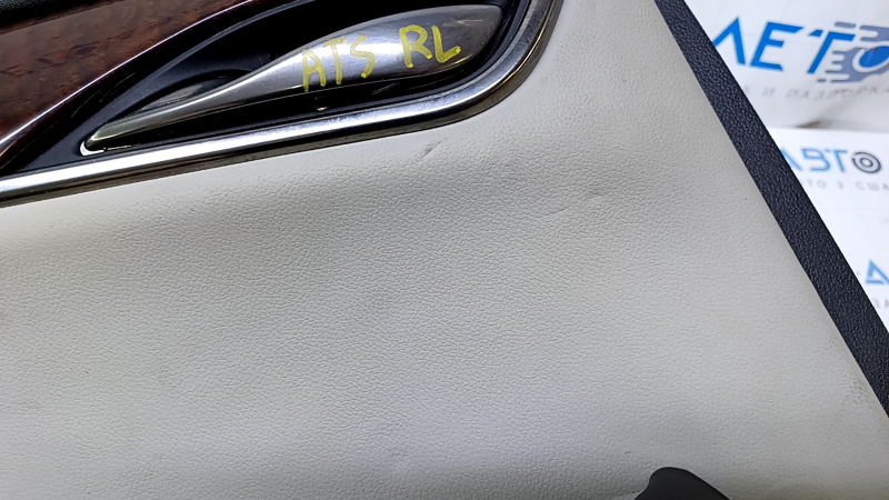 Door trim card rear left Cadillac ATS 13- black with gray insert leather, armrest black leather, molding dark wood, dents, bumps, scratches, abrasions