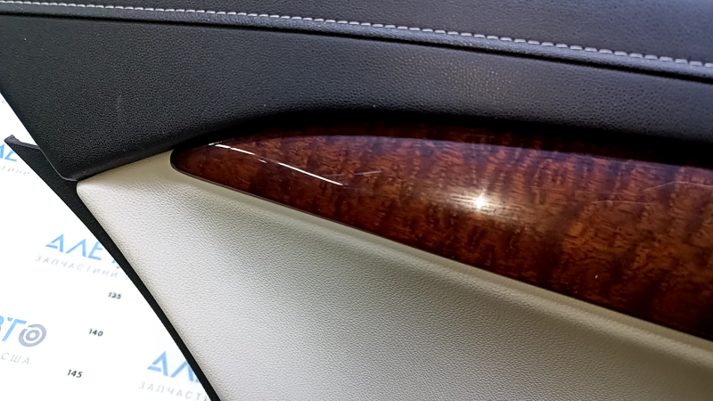 Door trim card rear left Cadillac ATS 13- black with gray insert leather, armrest black leather, molding dark wood, dents, bumps, scratches, abrasions