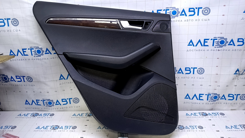Door trim card rear left Audi Q5 8R 09-17 black with black insert rubber, armrest black rubber, molding dark wood gloss, scratches, abrasions, dents