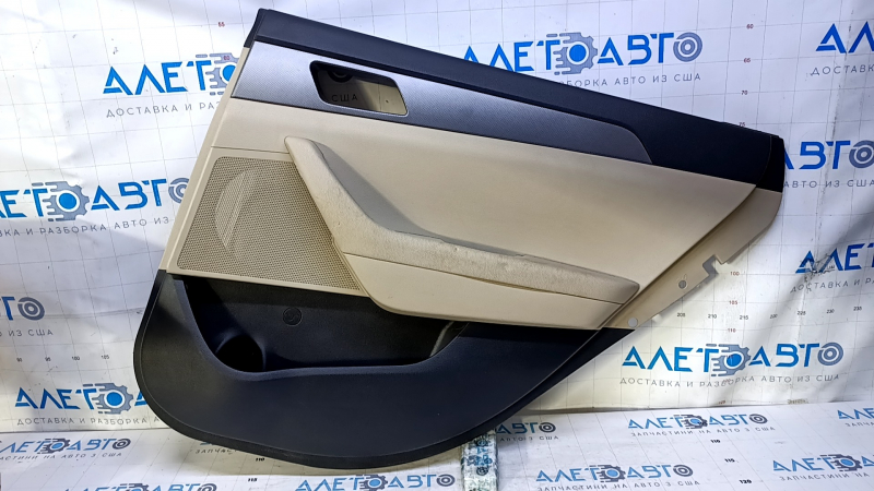 Door trim card rear right Hyundai Sonata 15-17 black with beige insert plastic, armrest beige leather, gray molding structure, scratches, abrasions, dents, for dry cleaning