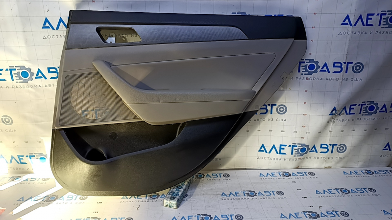Door trim card rear right Hyundai Sonata 15-17 black with gray insert plastic, armrest gray leather, gray molding structure, dents, scratches, abrasions