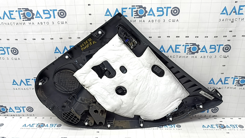 Door trim card rear left Ford Ecosport 18-22 black with black insert plastic, armrest black leather, molding gray gloss, scratches