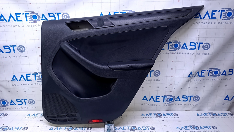 Door trim card rear right VW Jetta 11-18 USA black with black insert plastic, armrest black leather, molding black mat type 1, scratches, abrasions, dents, scuffs