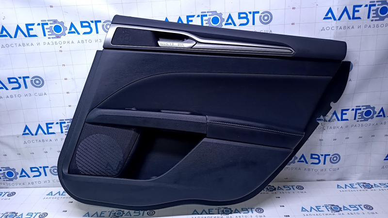 Door trim card rear right Ford Fusion mk5 17-20 black with black insert cloth, armrest black leather, molding gray structure, scratches, abrasions, dents