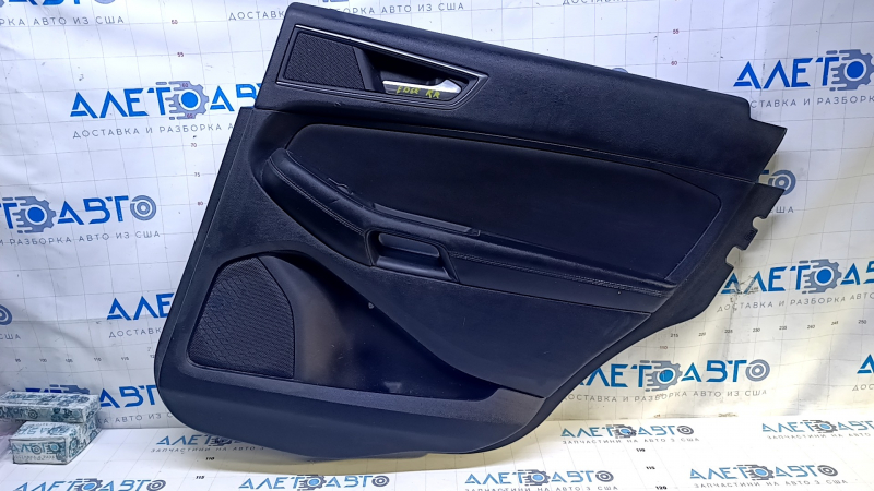Door trim card rear right Ford Edge 15-18 black with black insert cloth, armrest black leather, molding gray structure, dents, abrasions, scratches, scuffs