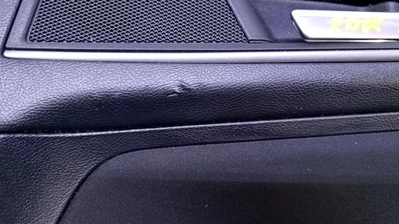 Door trim card rear right Ford Edge 15-18 black with black insert cloth, armrest black leather, molding gray structure, dents, abrasions, scratches, scuffs