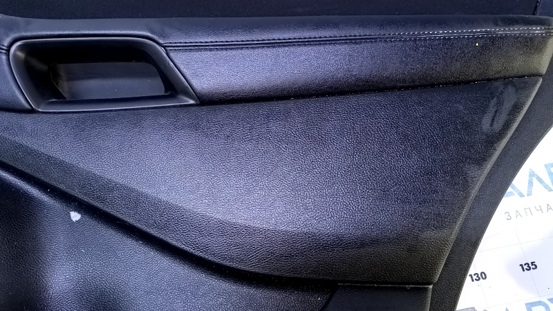 Door trim card rear right Ford Edge 15-18 black with black insert cloth, armrest black leather, molding gray structure, dents, abrasions, scratches, scuffs