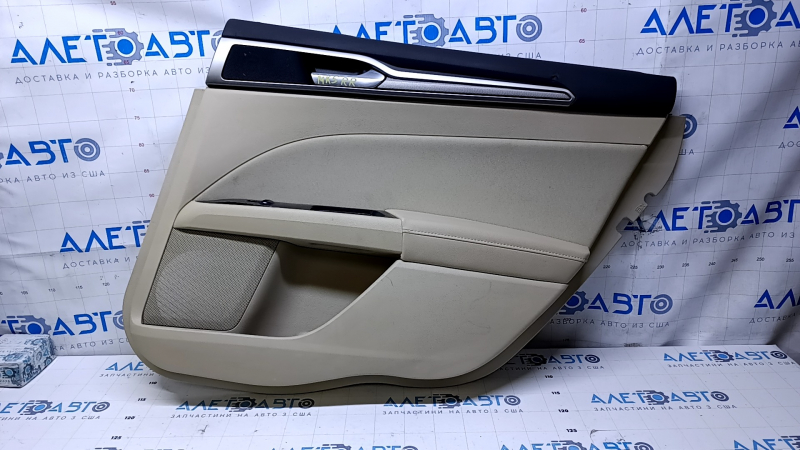 Door trim card rear right Ford Fusion mk5 13-16 beige with beige insert cloth, armrest beige leather, molding gray structure, scuffs, dents, abrasions, scratches