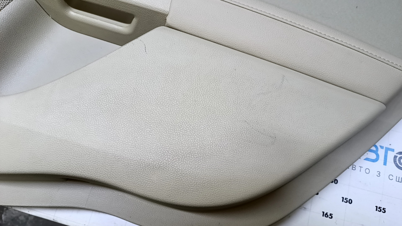 Door trim card rear right Ford Fusion mk5 13-16 beige with beige insert cloth, armrest beige leather, molding gray structure, scuffs, dents, abrasions, scratches