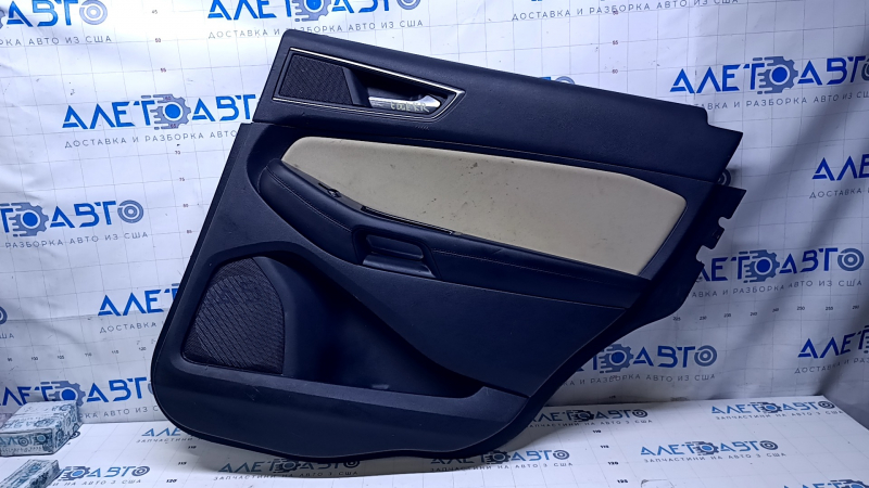 Door trim card rear right Ford Edge 15-18 black with beige insert cloth, armrest black leather, molding gray structure, scuffs, abrasions, scratches, for dry cleaning