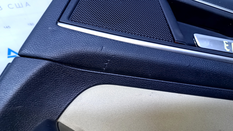 Door trim card rear right Ford Edge 15-18 black with beige insert cloth, armrest black leather, molding gray structure, scuffs, abrasions, scratches, for dry cleaning