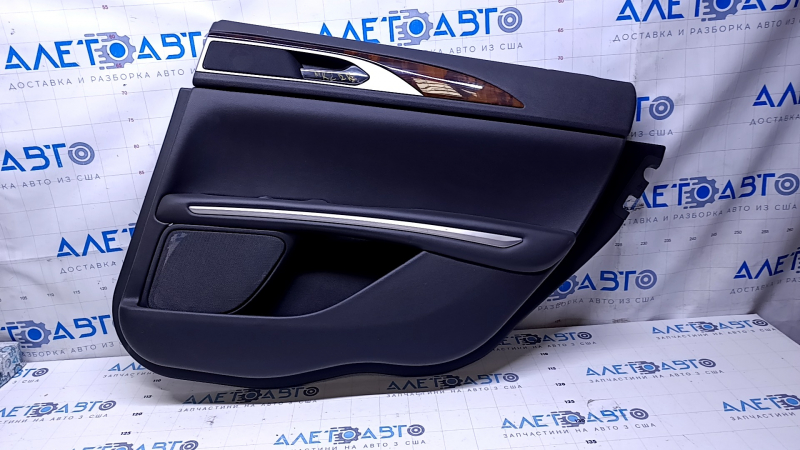 Door trim card rear right Lincoln MKZ 17-20 black with black insert leather, armrest black leather, molding light wood gloss, with backlight, scuffs, scratches, abrasions, pokes