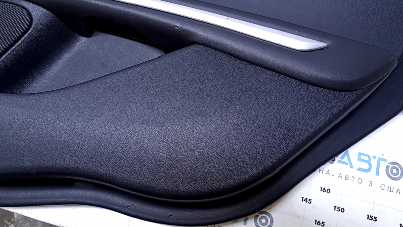Door trim card rear right Lincoln MKZ 17-20 black with black insert leather, armrest black leather, molding light wood gloss, with backlight, scuffs, scratches, abrasions, pokes