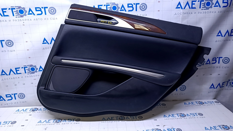 Door trim card rear right Lincoln MKZ 17-20 black with black insert leather, armrest black leather, molding light wood gloss, with backlight, tear, dents, scratches, burrs, cracked fasteners