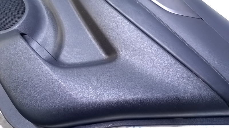Door trim card rear right Nissan Rogue 14-20 black with black insert plastic, armrest black leather, molding graphite structure, abrasions, scratches
