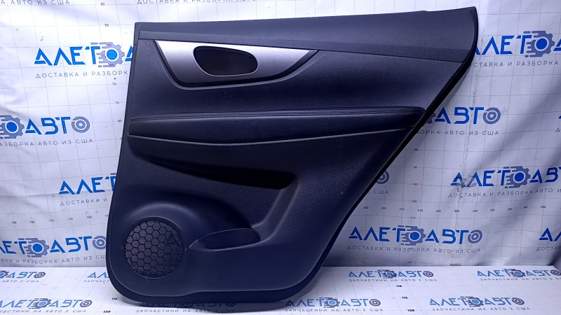 Door trim card rear right Nissan Rogue 17-20 black with black insert plastic, armrest black leather, molding graphite structure, scuffs, scratches