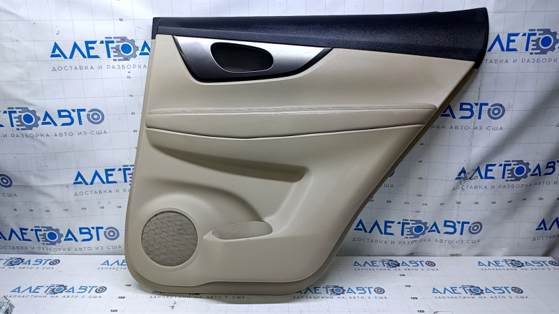 Door trim card rear right Nissan Rogue 14-20 beige with beige insert plastic, molding graphite structure, armrest beige leather, scuffs, scratches, whitened plastic