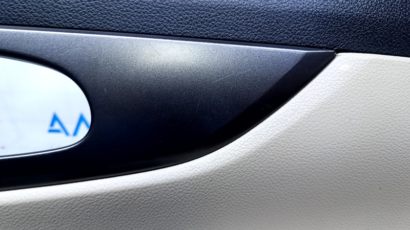 Door trim card rear right Nissan Rogue 14-20 beige with beige insert plastic, molding graphite structure, armrest beige leather, scuffs, scratches, whitened plastic