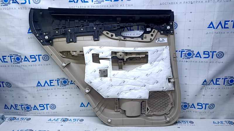 Door trim card rear right Nissan Rogue 14-20 beige with beige insert plastic, molding graphite structure, armrest beige leather, scuffs, scratches, whitened plastic