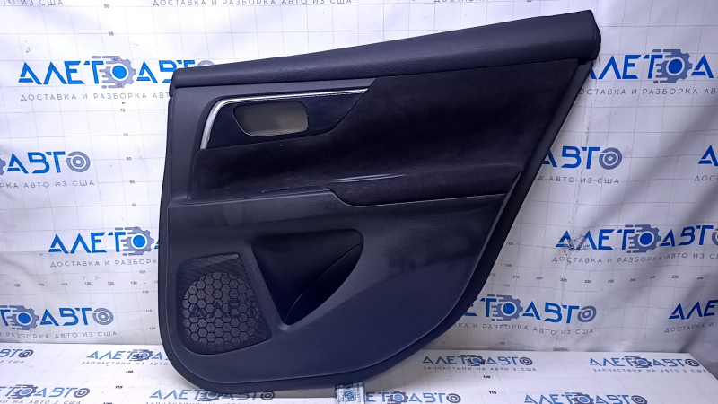 Door trim card rear right Nissan Altima 13-18 black with black insert cloth, armrest black cloth, handle molding black-gray gloss, scratches, dents, abrasions, scale