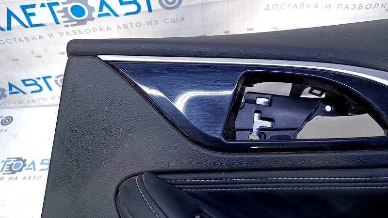 Door trim card rear right Infiniti QX30 17- black with black insert leather, armrest black leather, molding black-gray gloss, dents, scratches, abrasions