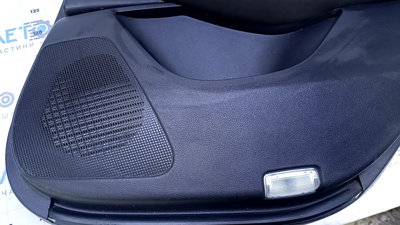Door trim card rear right Infiniti QX50 19- black, insert black leather, armrest black leather, gray stitching, molding silver, scratches, dents, abrasions, broken fastener