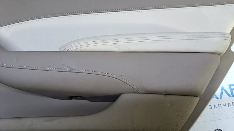 Door trim card rear right Cadillac CTS 14- brown with beige leather insert, armrest beige leather, upper insert suede, molding under wood gloss, backlight, pokes, scuffs, dents, abrasions, scratches
