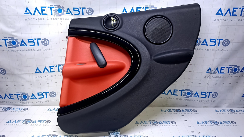 Door trim card rear right Mini Cooper Countryman R60 10-16 black with red insert plastic, armrest black rubber, molding black gloss, scratches, abrasions, scuffs, bumps, dents