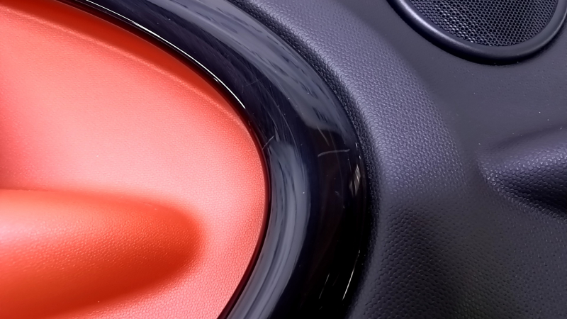 Door trim card rear right Mini Cooper Countryman R60 10-16 black with red insert plastic, armrest black rubber, molding black gloss, scratches, abrasions, scuffs, bumps, dents