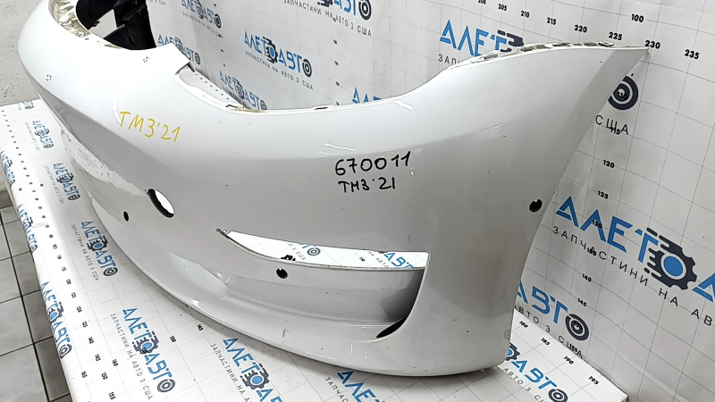 Front bare bumper Tesla Model 3 18 - for parking sensors white PPSW, scratches, bumps, broken fasteners