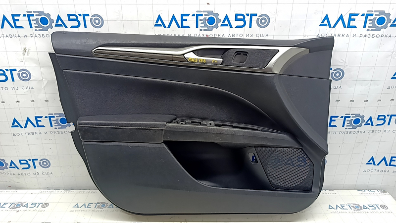 Door trim card front left Ford Fusion mk5 17-20 black with wood insert, leather armrest, gray molding, scratches, for dry cleaning, broken insert