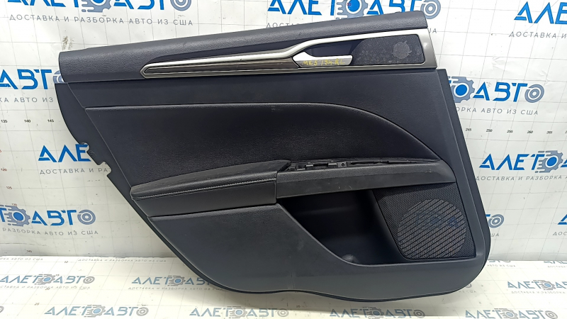 Door trim card rear left Ford Fusion mk5 17-20 black leather with wood insert, leather armrest, gray molding, scratches, dry cleanable