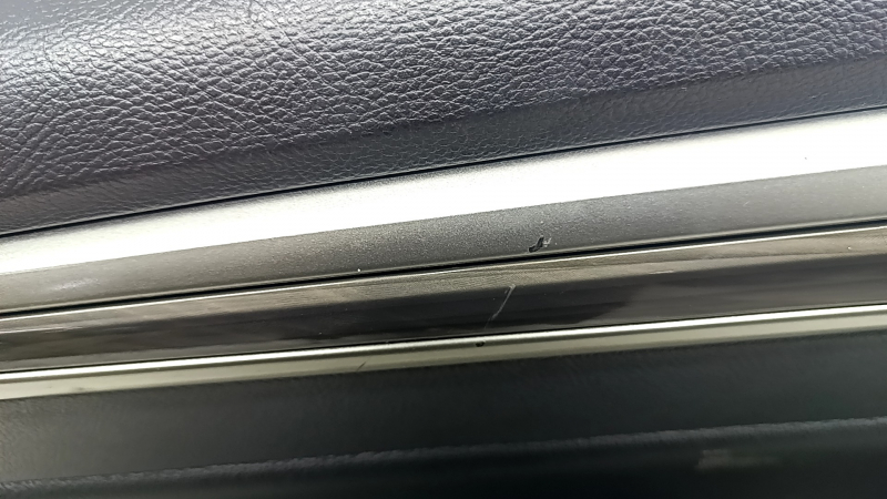 Door trim card rear left Ford Fusion mk5 17-20 black leather with wood insert, leather armrest, gray molding, scratches, dry cleanable