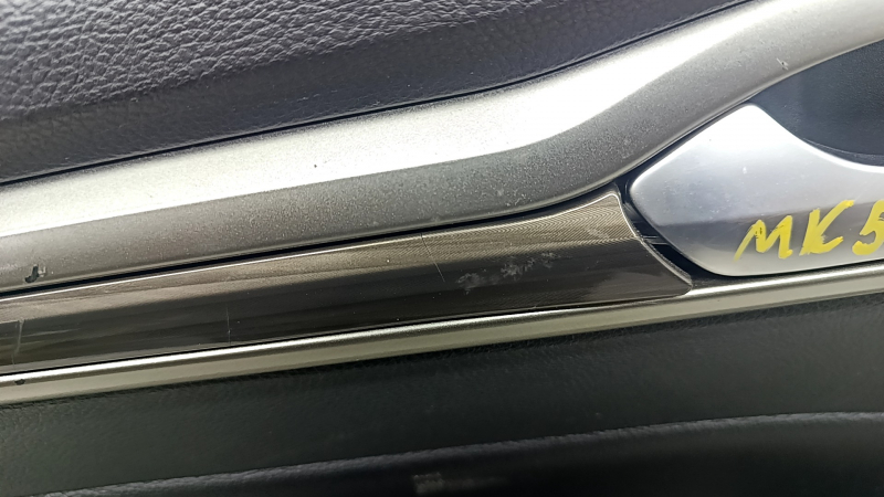 Door trim card rear left Ford Fusion mk5 17-20 black leather with wood insert, leather armrest, gray molding, scratches, dry cleanable