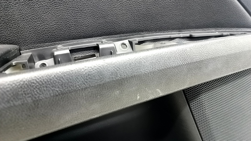 Door trim card rear left Ford Fusion mk5 17-20 black leather with wood insert, leather armrest, gray molding, scratches, dry cleanable