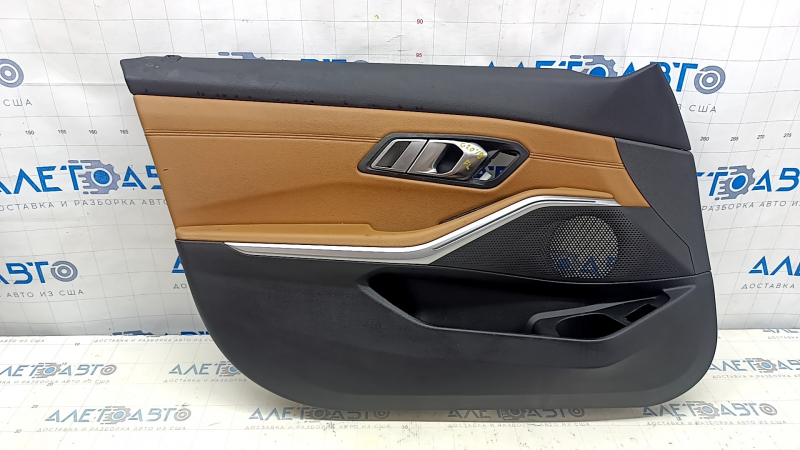 Door trim card front left BMW 3 G20 19- black, brown leather COGNAC, with chrome insert, with handle, for cleaning