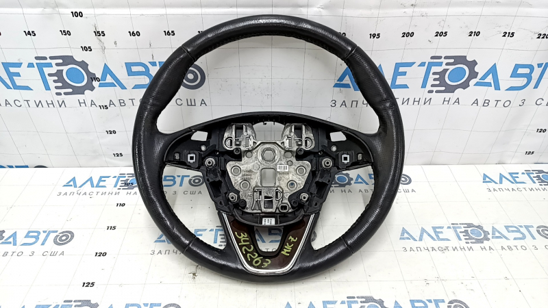 Steering wheel bare Lincoln MKZ 13-20 leather black, with wood trim, worn, dents, scratches
