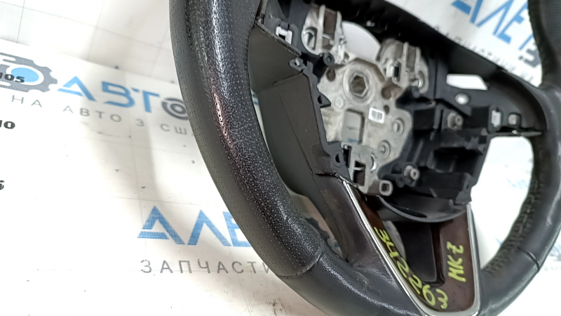 Steering wheel bare Lincoln MKZ 13-20 leather black, with wood trim, worn, dents, scratches
