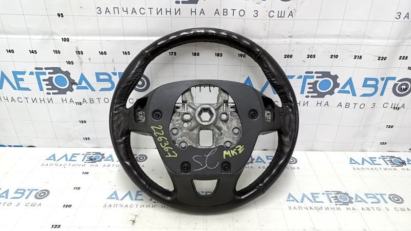 Steering wheel bare Lincoln MKZ 13-20 leather gray, with overlay under dark wood, scuffs, scratches