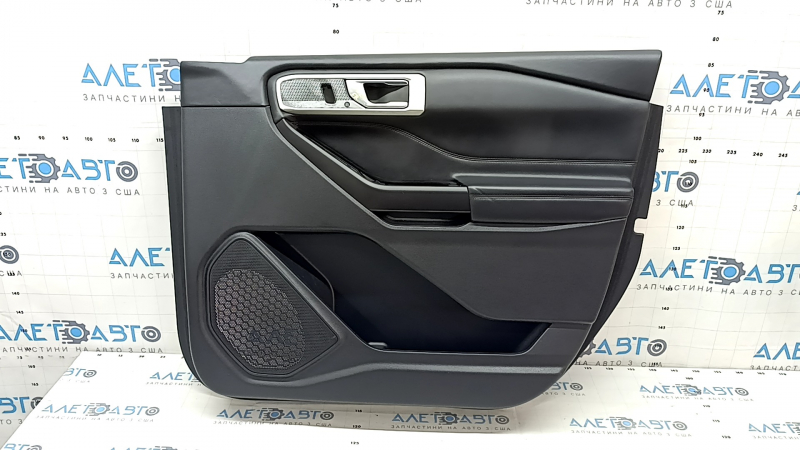 Door trim card front right Ford Explorer 20-20 leather black, Platinum, armrest and insert black leather with brown stitching, with handle, backlight, peeling coating, dent