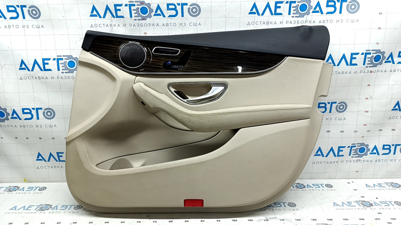Door trim card front right Mercedes C-class W205 15-18 beige leather, wood insert, armrest beige leather, top black, with handle and pads, for cleaning
