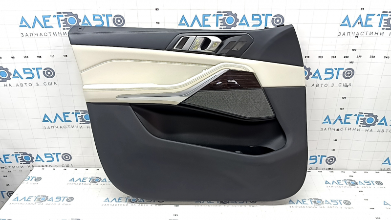 Door trim card front left BMW X5 G05 19-23 leather schwarz/Canberra-Beige, Fineline Stripe wood insert, armrest leather beige, with handle and pads, for memory and massage, scratches,